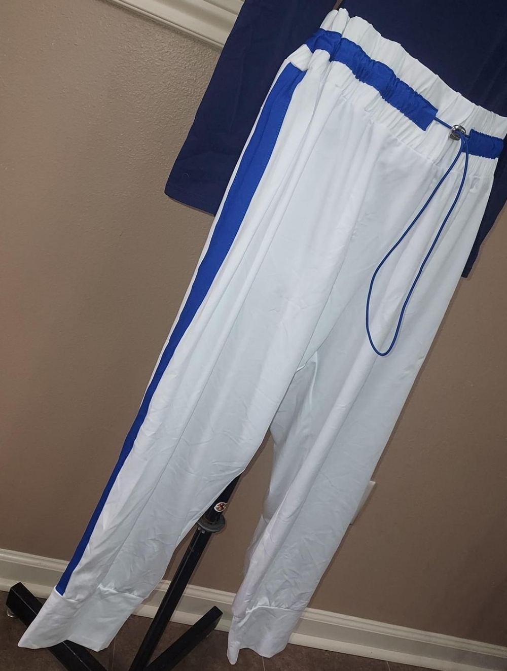 NWT White Track Pants with Royal Blue Side Stripe By Fabletics, Size 1X.